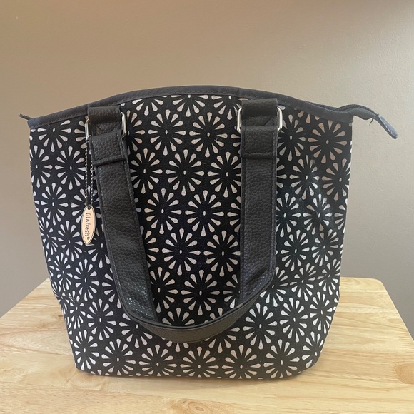 Fit & Fresh Lunch Bag Cooler Insulated Tote Zipper Double Handles Black Print - Picture 7 of 7